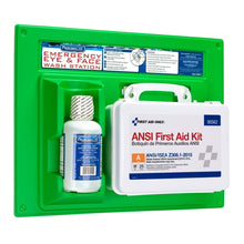 Load image into Gallery viewer, Eyewash Station Containing 16 Oz. Screw Cap Bottle And ANSI 2015 First Aid Kit. 6 Complete Stations Included