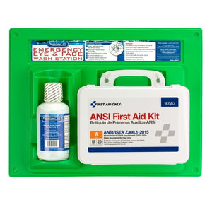 Eyewash Station Containing 16 Oz. Screw Cap Bottle And ANSI 2015 First Aid Kit. 6 Complete Stations Included